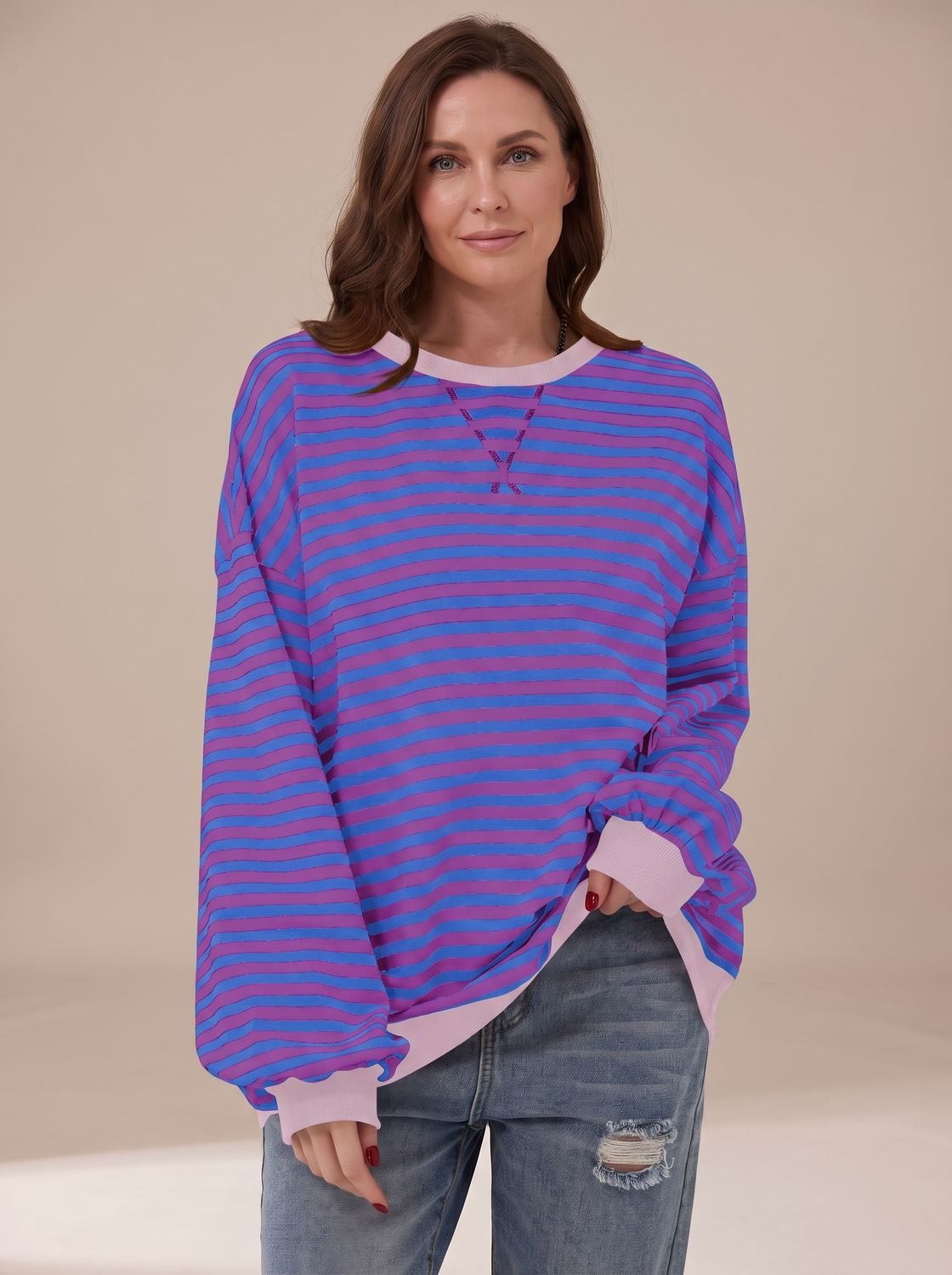 Victoria | Women's Retro Striped Oversized Crewneck Sweatshirt