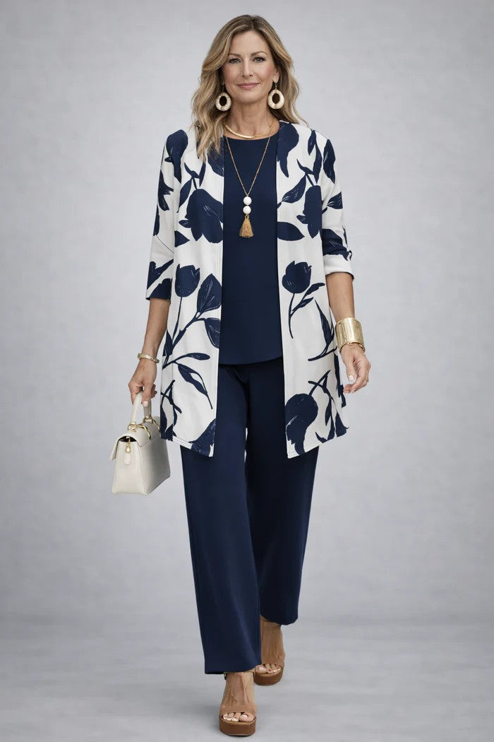 Vivienne | Women's Printed Open Front Cardigan Three-Piece Set