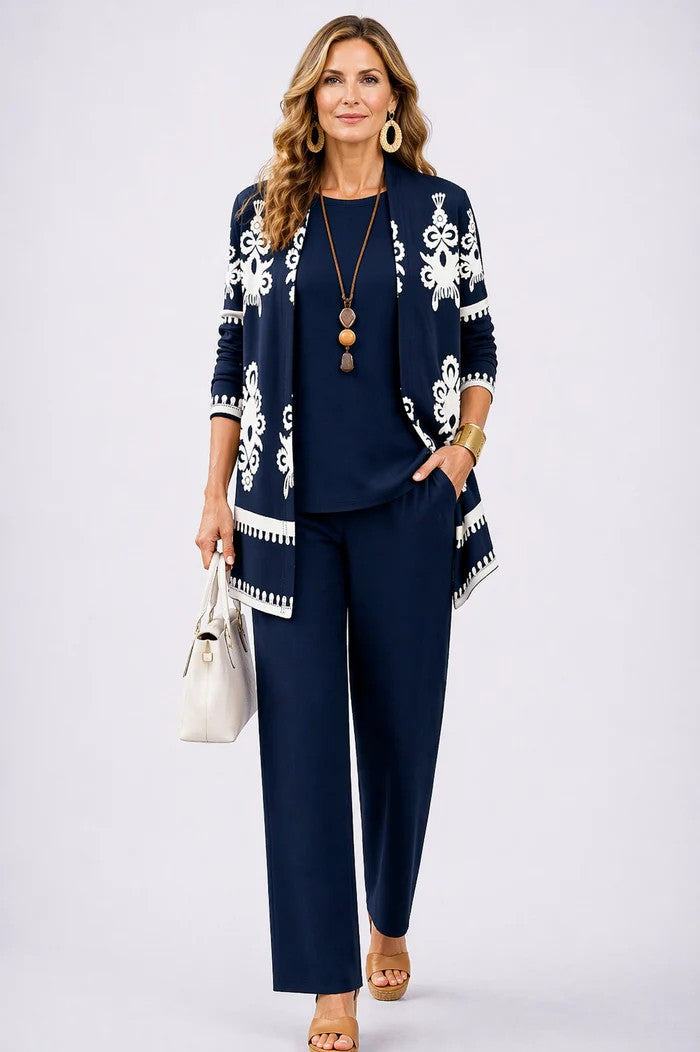 Vivienne | Women's Printed Open Front Cardigan Three-Piece Set