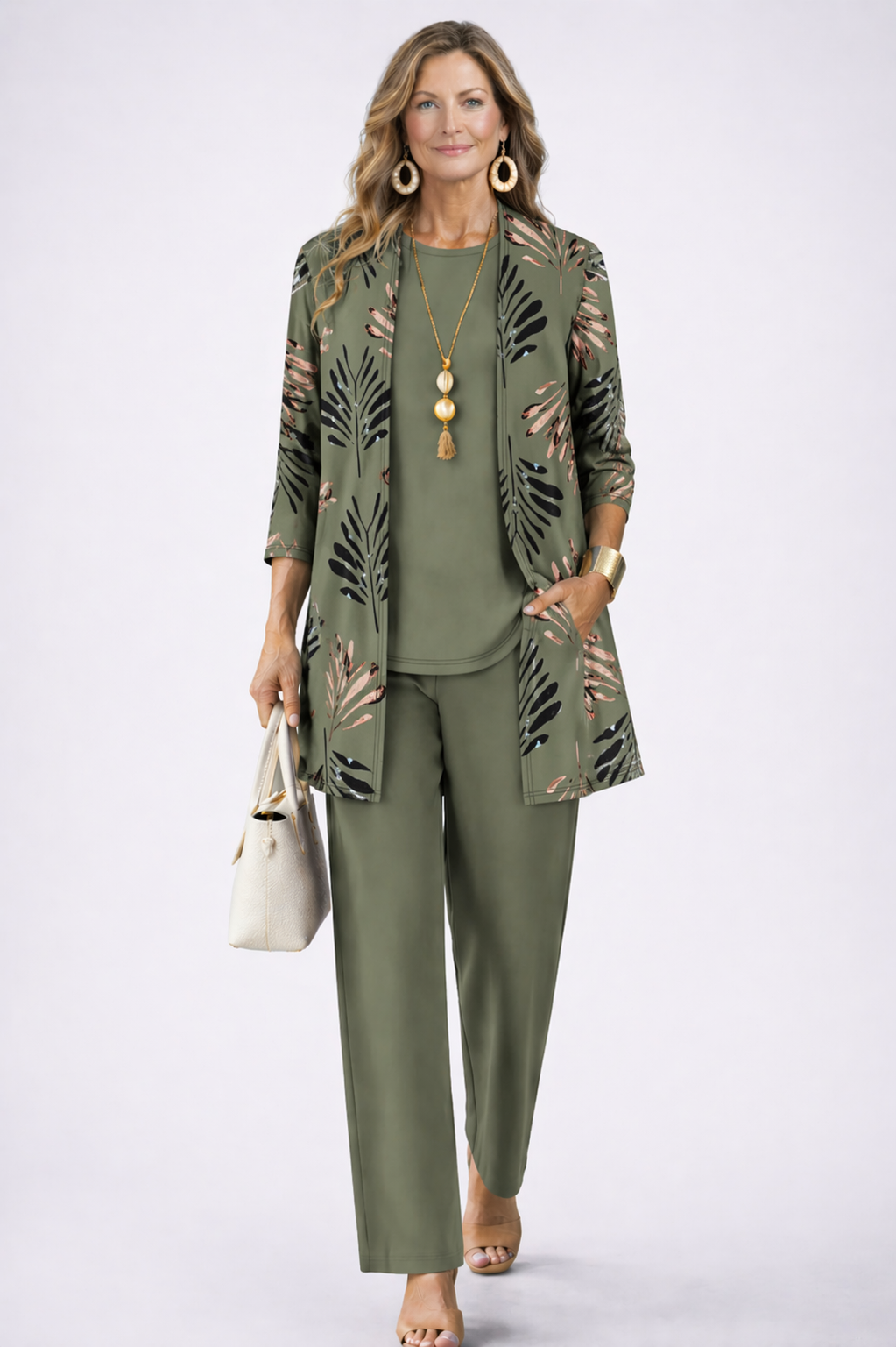 Vivienne | Women's Printed Open Front Cardigan Three-Piece Set