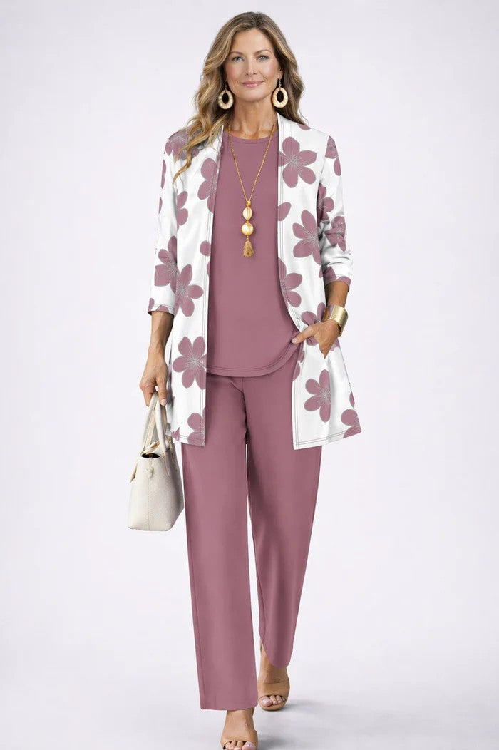 Vivienne | Women's Printed Open Front Cardigan Three-Piece Set