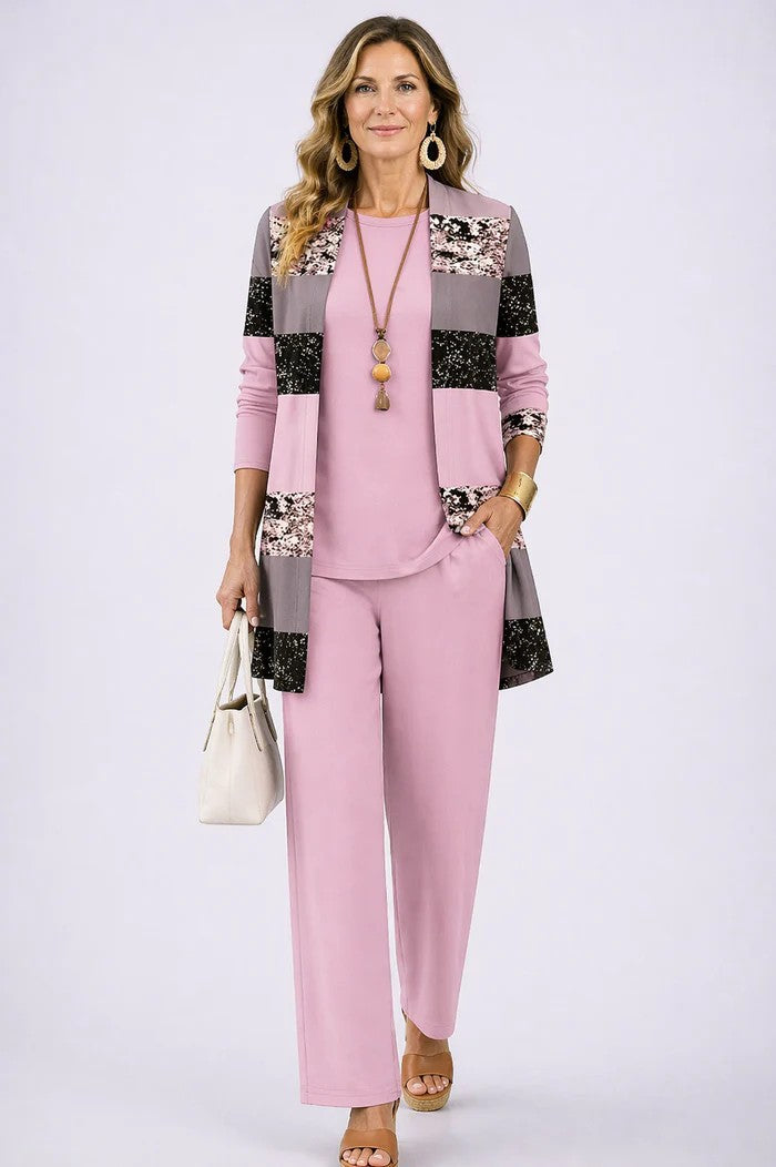 Vivienne | Women's Printed Open Front Cardigan Three-Piece Set