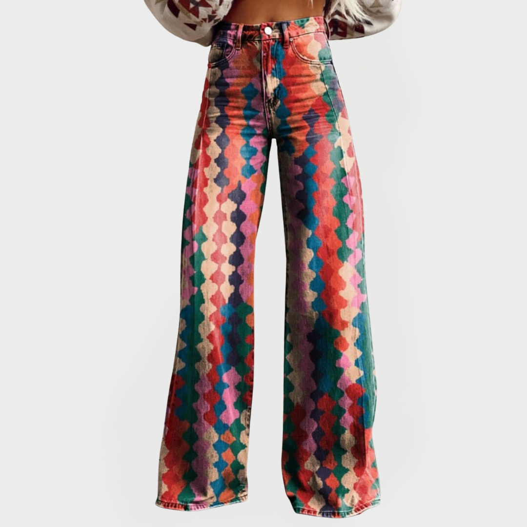 Wide Leg Colorful Jeans with Geometric Pattern for Women