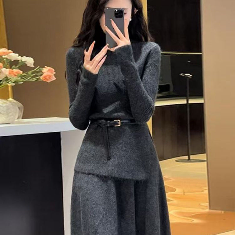 Women's Belted Asymmetric Knit Midi Dress Long Sleeve