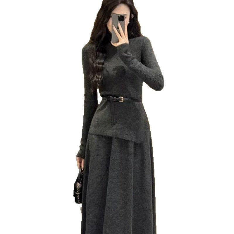 Women's Belted Asymmetric Knit Midi Dress Long Sleeve