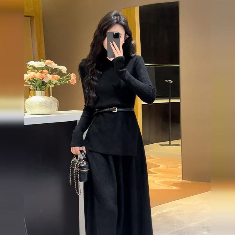 Women's Belted Asymmetric Knit Midi Dress with Long Sleeves