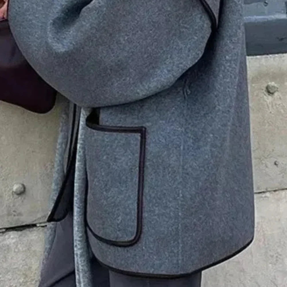 Women's Belted Wrap Jacket with Wide Sleeves in Grey