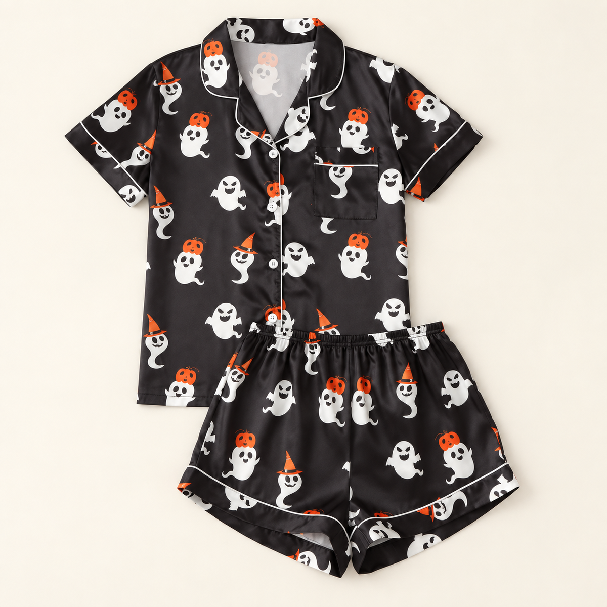Women's Black Ghost Satin Halloween Pajama Set