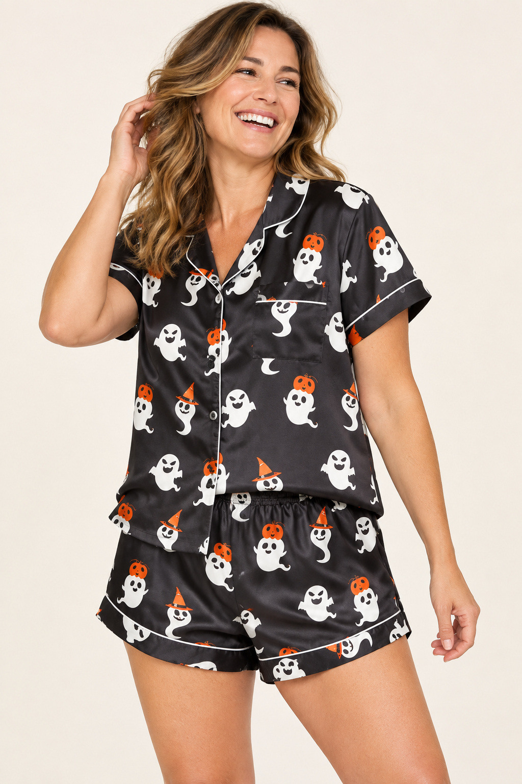 Women's Black Ghost Satin Halloween Pajama Set