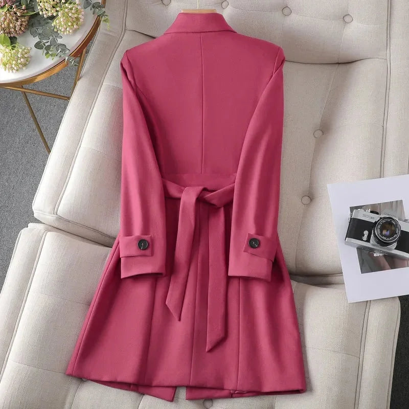 Women's Blazer Coat with Belt and Button Cuff Detail