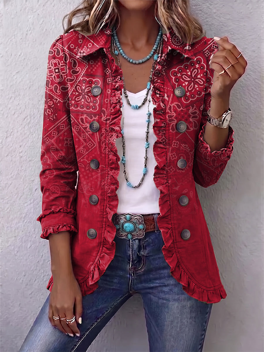 Women's Bohemian Paisley Ombré Print Ruffled Jacket