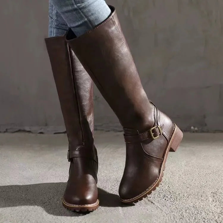 Women's Brown Knee-High Riding Boots with Buckle Detail