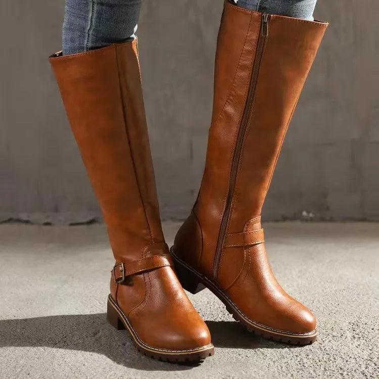Women's Brown Knee-High Riding Boots with Buckle Detail