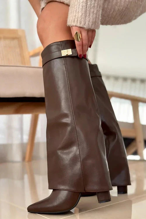 Women's Brown Over the Knee Boots with Pointed Toe and Block Heel
