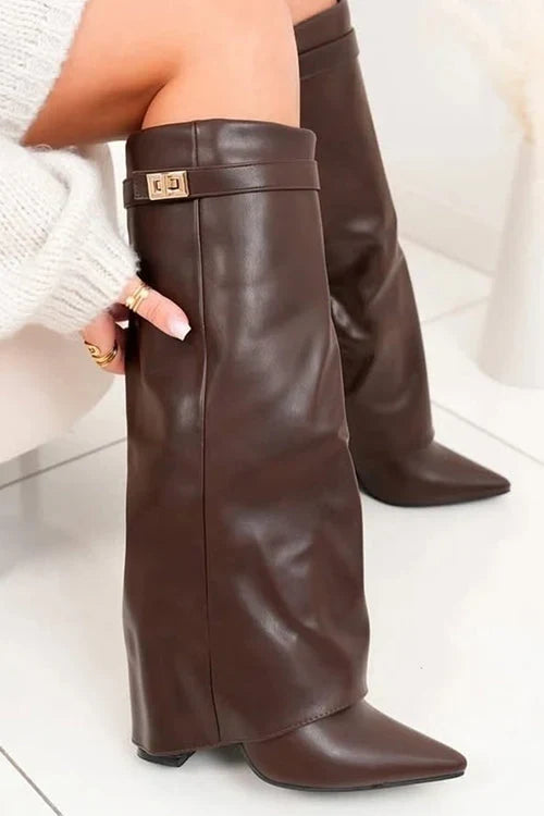 Women's Brown Over the Knee Boots with Pointed Toe and Block Heel