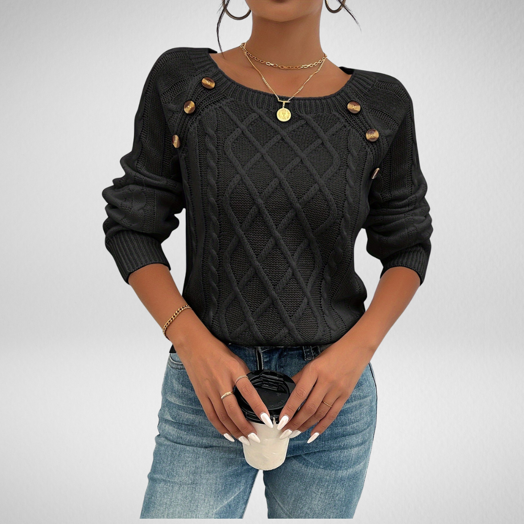 Women's Button-Detail Square Neck Cable Knit Sweater