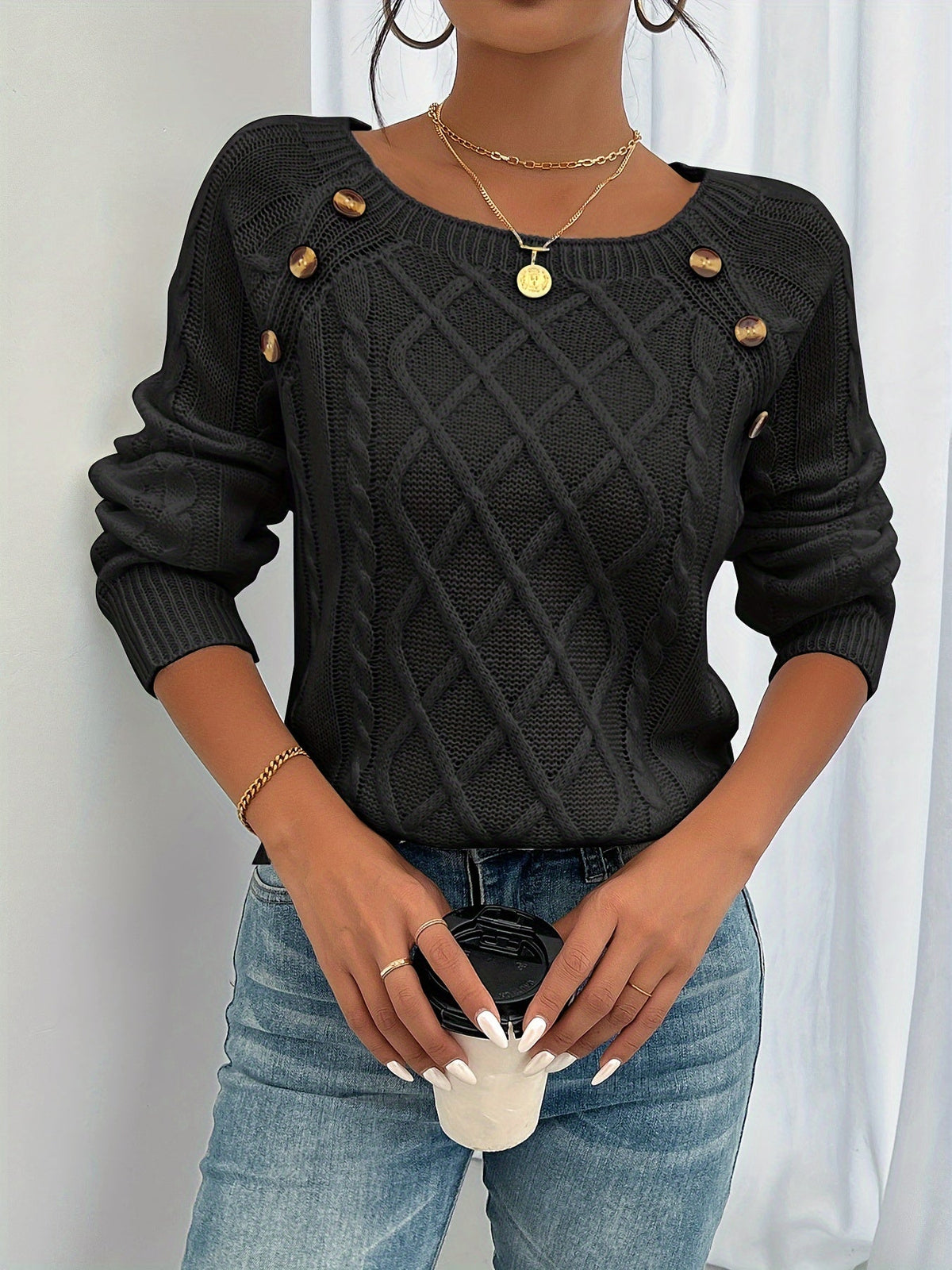 Women's Button-Detail Square Neck Cable Knit Sweater