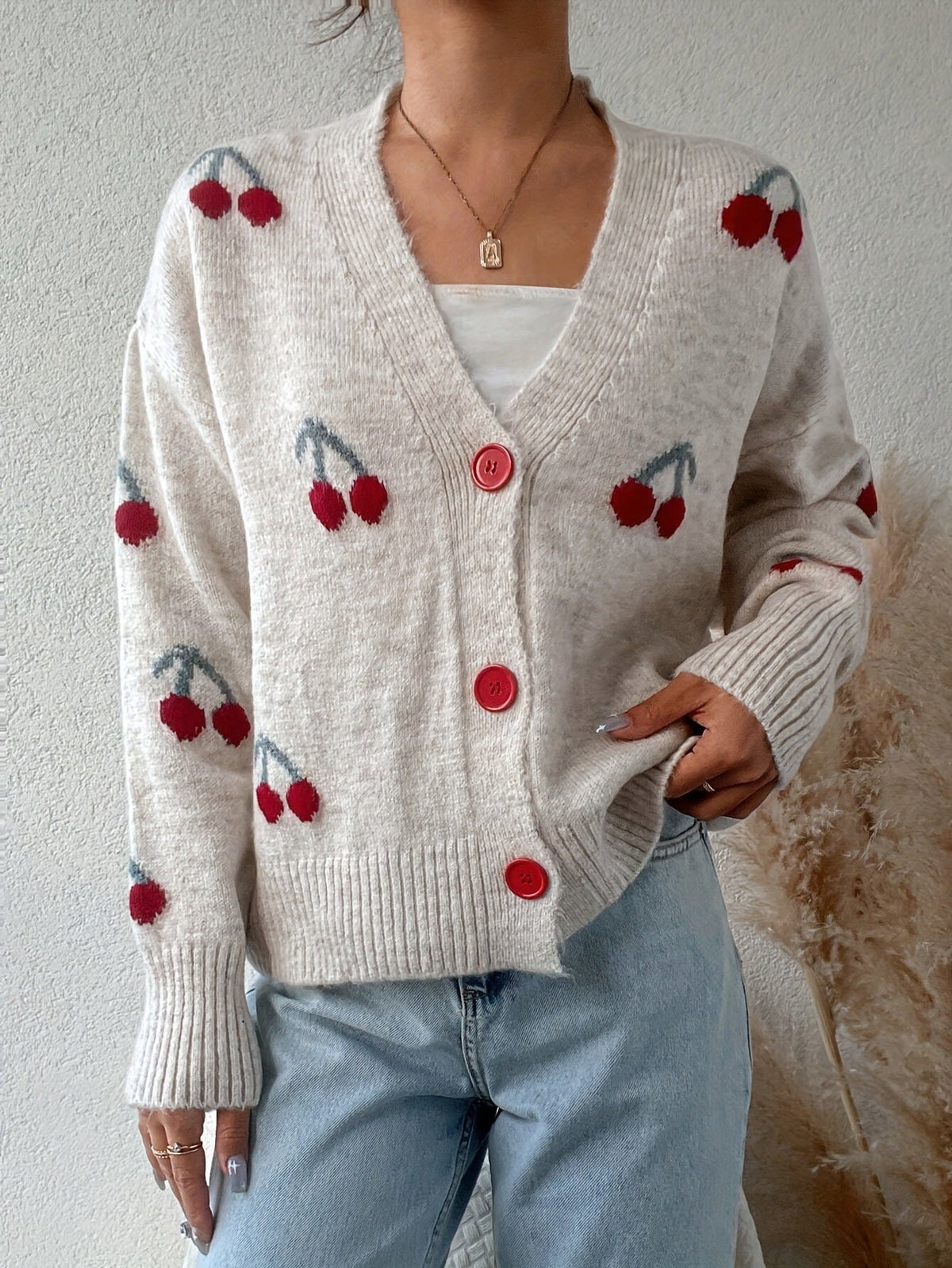 Women's Button-Front Knit Cardigan with Cherry Print