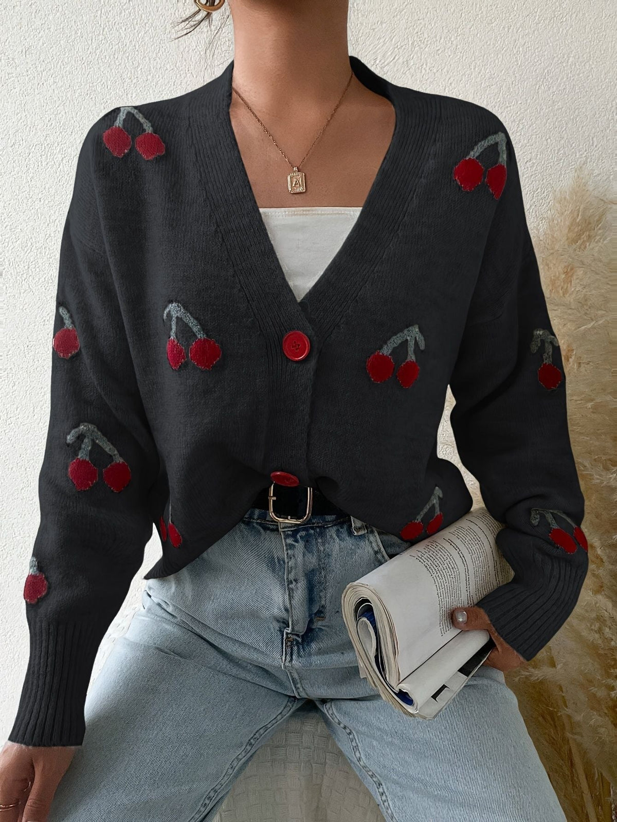 Women's Button-Front Knit Cardigan with Cherry Print