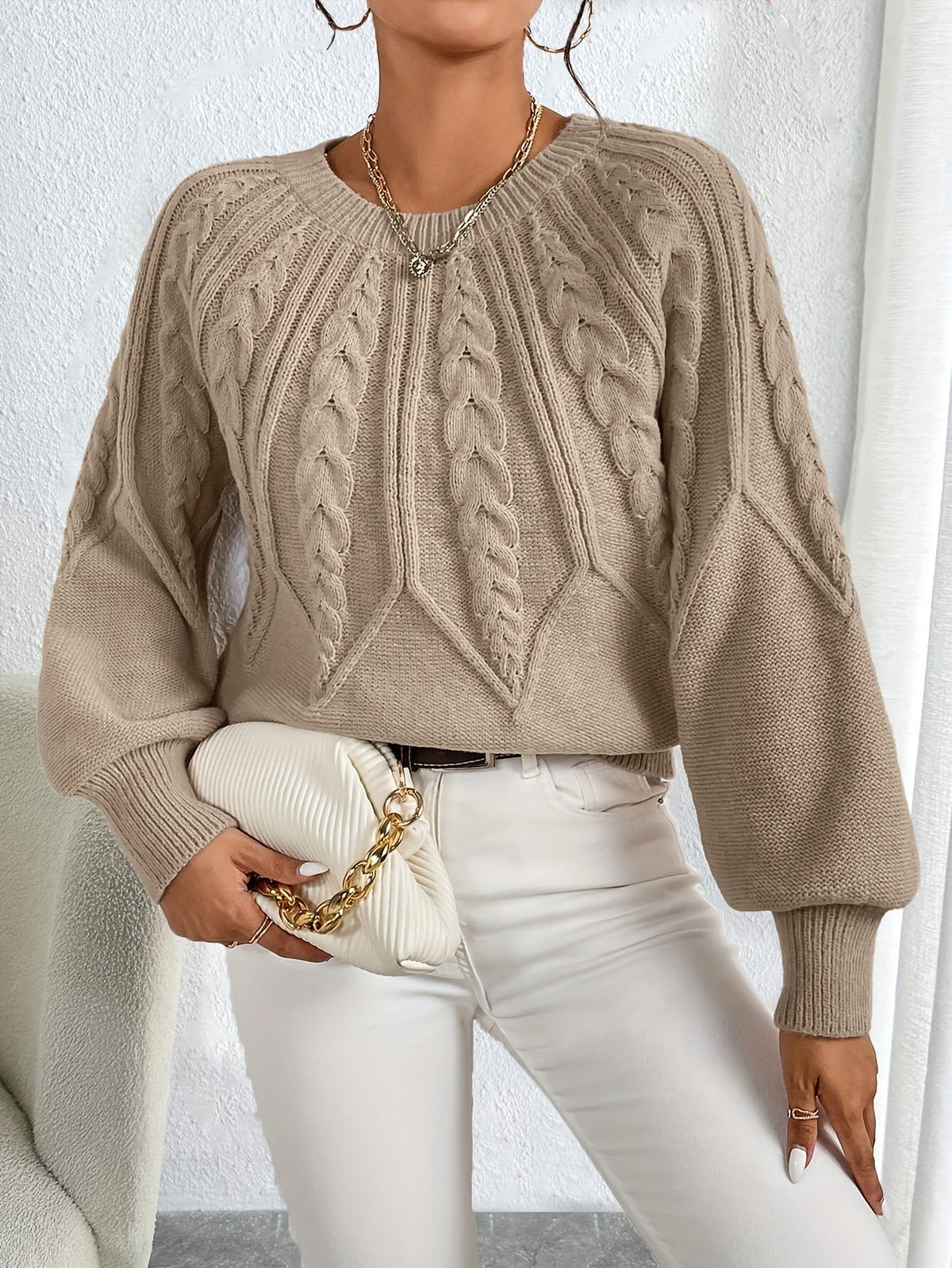 Women's Cable-Knit Cropped Jumper with Lantern Sleeves