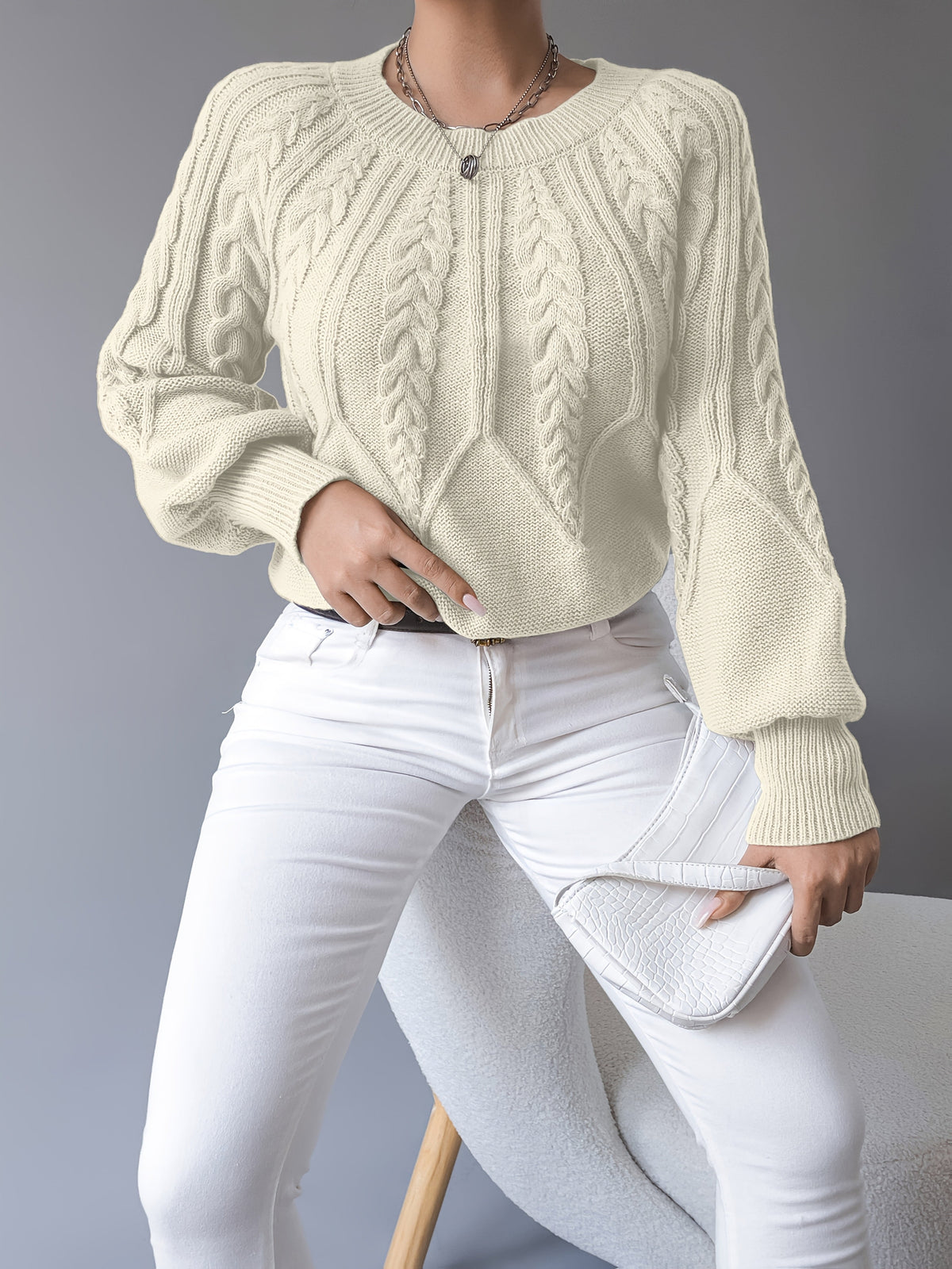 Women's Cable-Knit Cropped Jumper with Lantern Sleeves