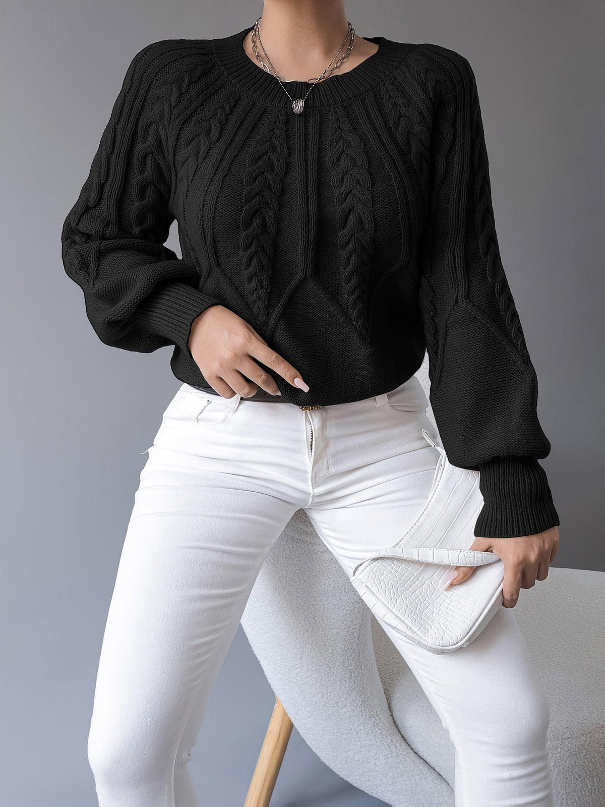 Women's Cable-Knit Cropped Jumper with Lantern Sleeves