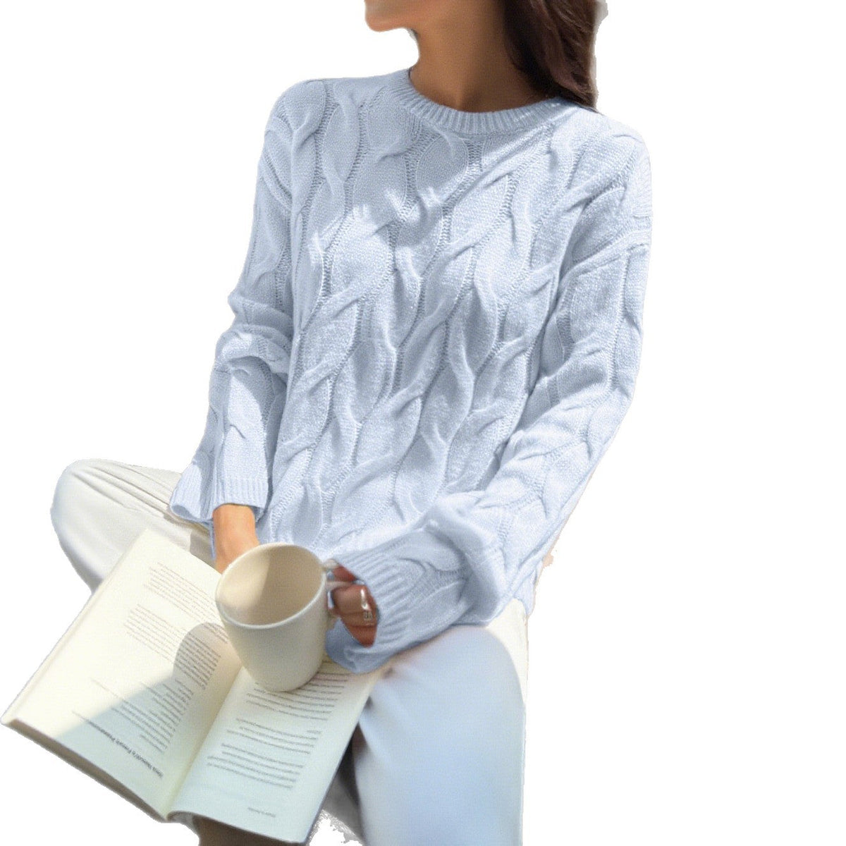 Women's Cable Knit Jumper with Crew Neck and Relaxed Fit
