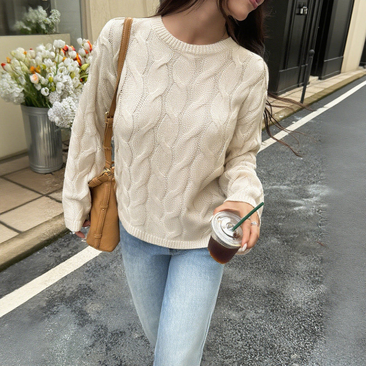 Women's Cable Knit Jumper with Crew Neck and Relaxed Fit