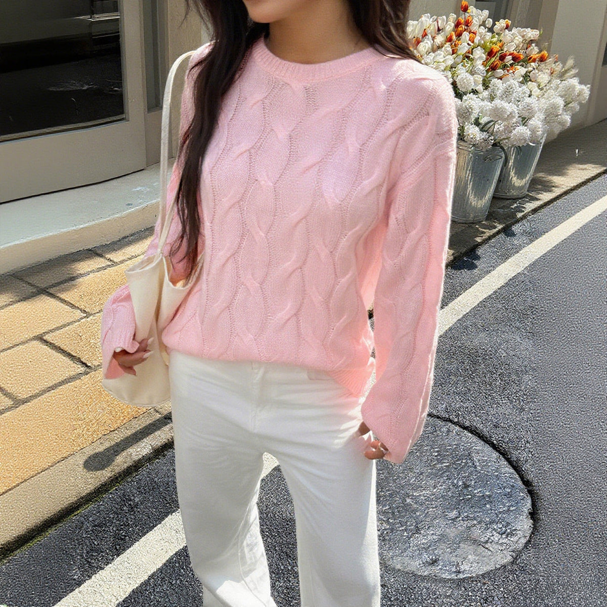 Women's Cable Knit Jumper with Crew Neck and Relaxed Fit