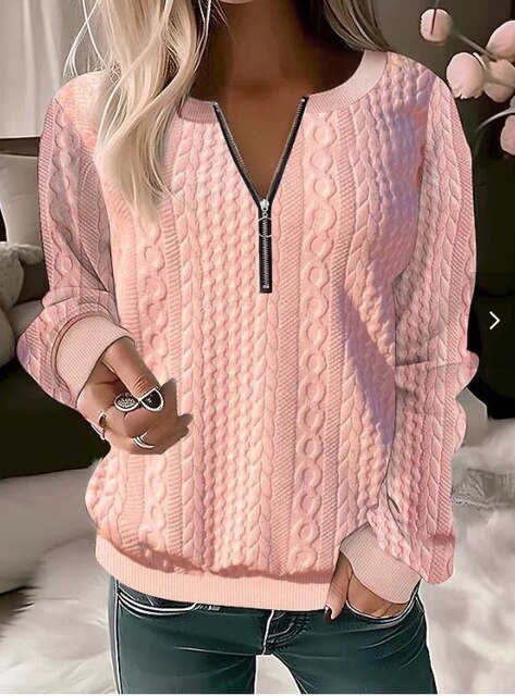 Women's Cable Knit Jumper with Half Zip and Long Sleeves
