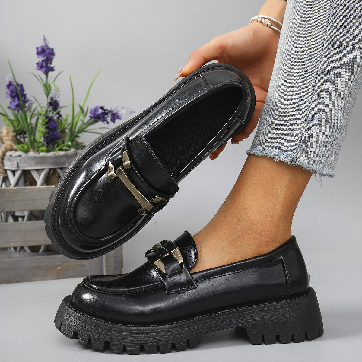 Women's Chunky Loafers with Cleated Sole and Metal Trim