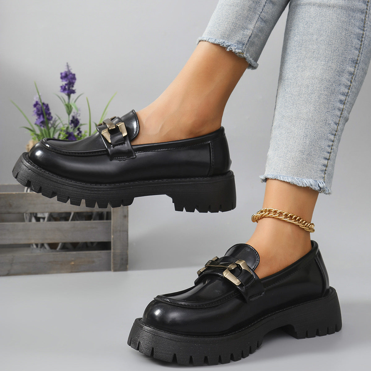 Women's Chunky Loafers with Cleated Sole and Metal Trim