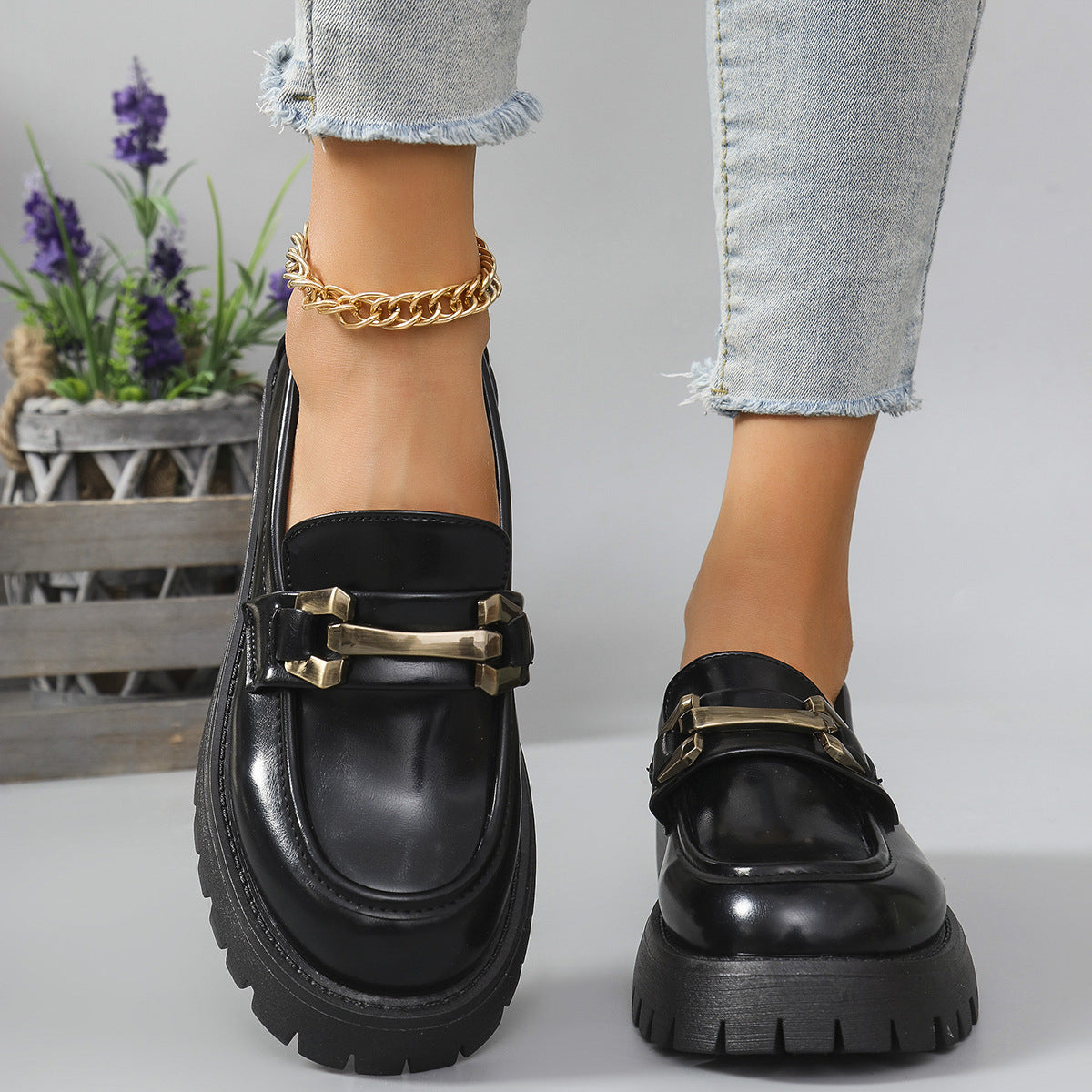Women's Chunky Loafers with Cleated Sole and Metal Trim