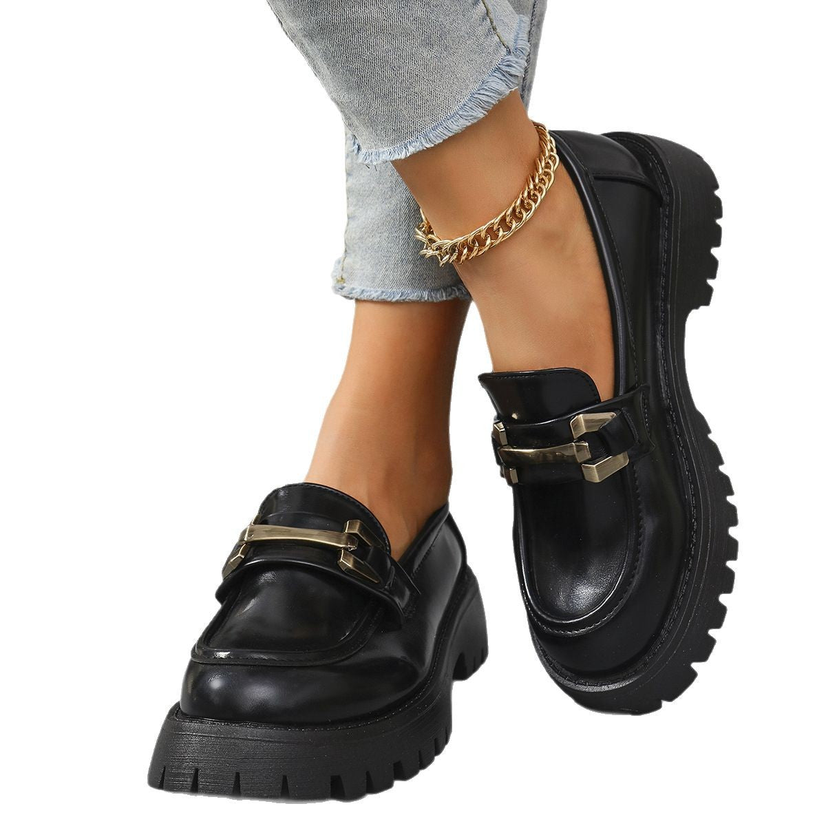 Women's Chunky Loafers with Cleated Sole and Metal Trim