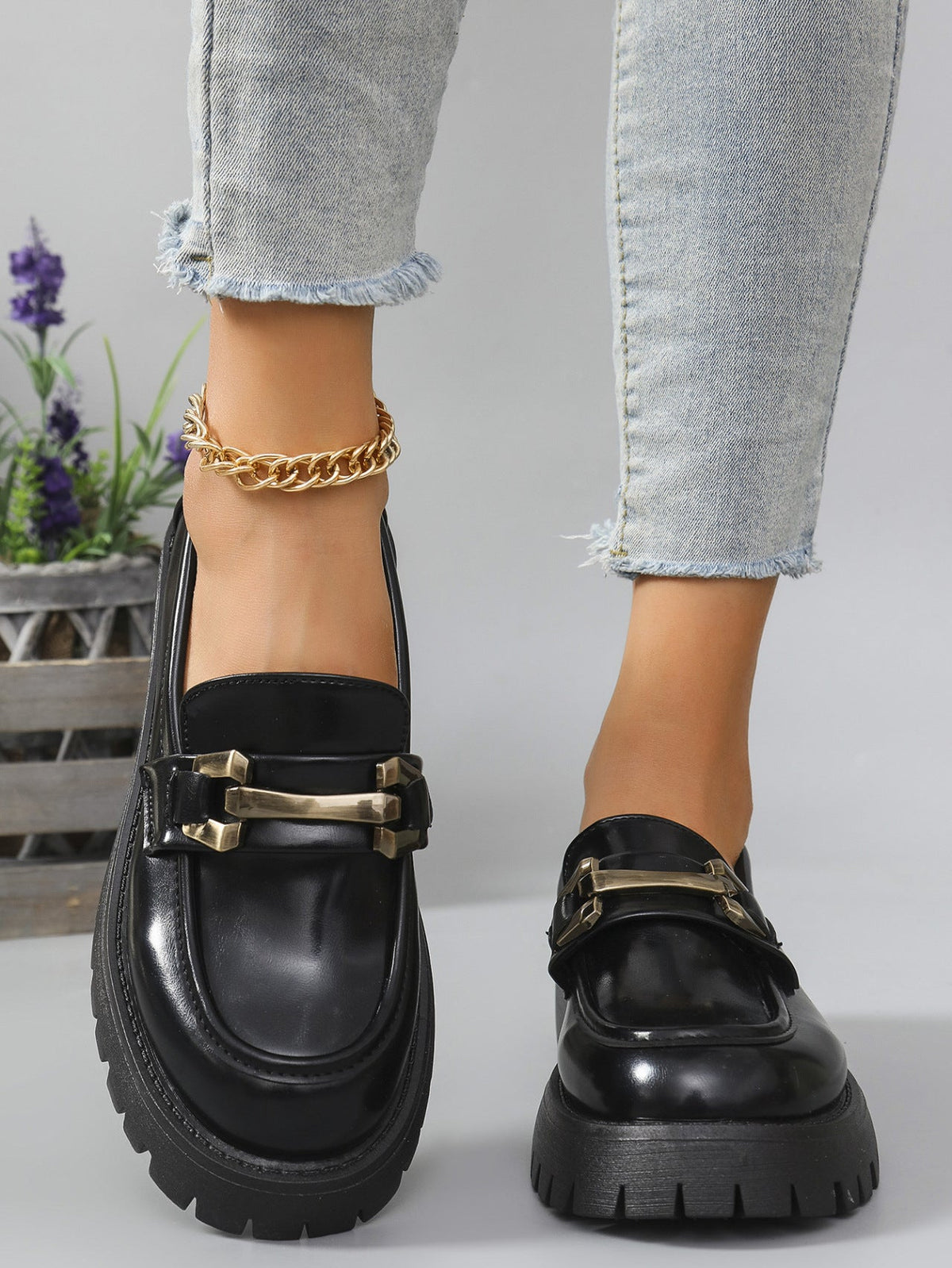 Women's Chunky Loafers with Cleated Sole and Metal Trim