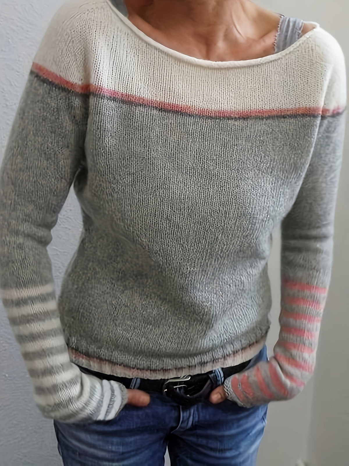 Women's Colorblock Boat Neck Sweater with Striped Cuffs