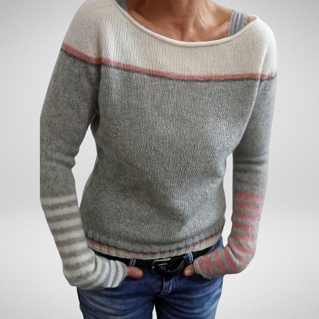 Women's Colorblock Boat Neck Sweater with Striped Cuffs