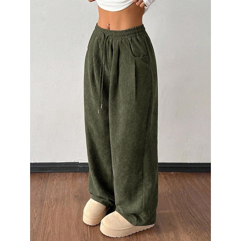 Women's Corduroy Wide-Leg Pants with Drawstring Waist