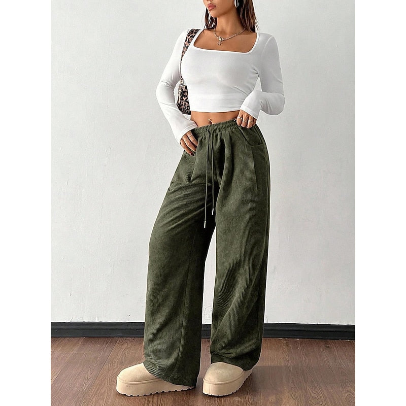 Women's Corduroy Wide-Leg Pants with Drawstring Waist