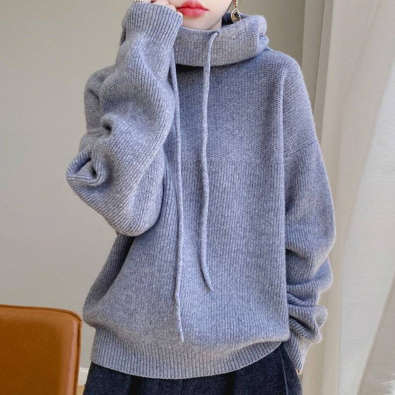 Women's Cowl Hood Wool Sweater | Oversized Relaxed Knit