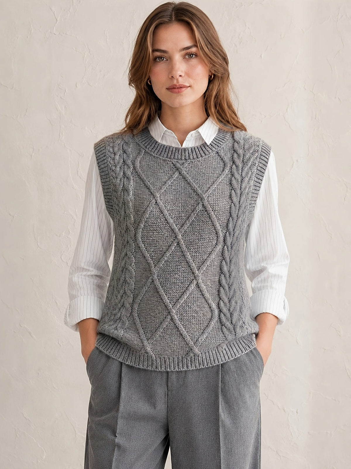 Women's Cozy Cable Knit Sweater Vest with Diamond Aran Pattern