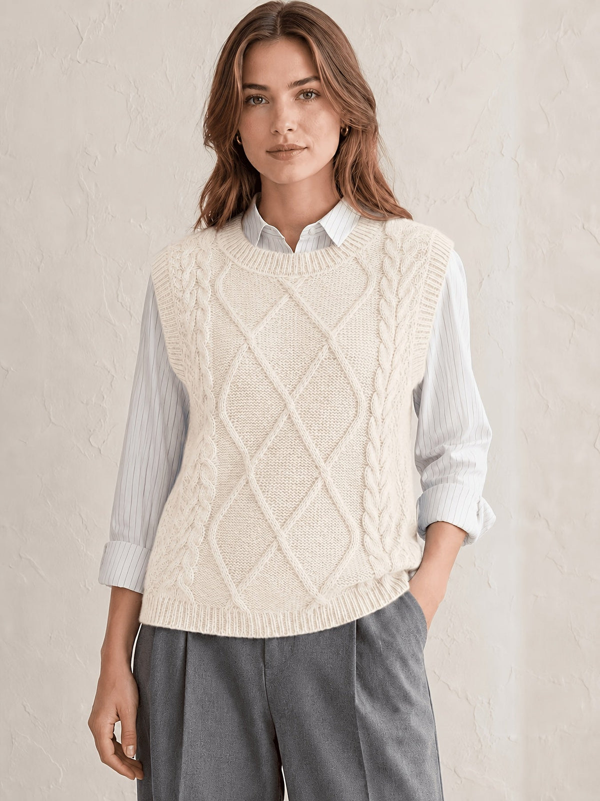 Women's Cozy Cable Knit Sweater Vest with Diamond Aran Pattern