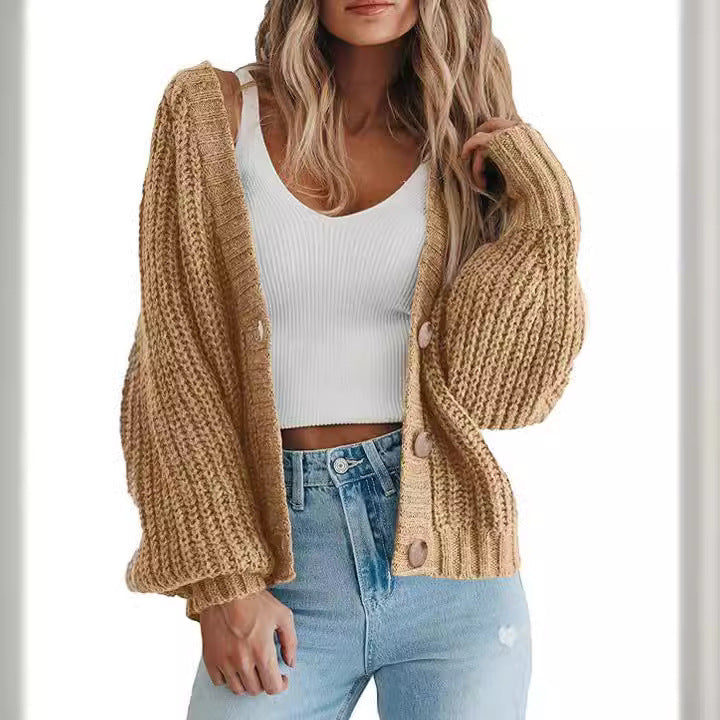 Women's Cozy Chunky Knit Cardigan with V Neck and Button Front