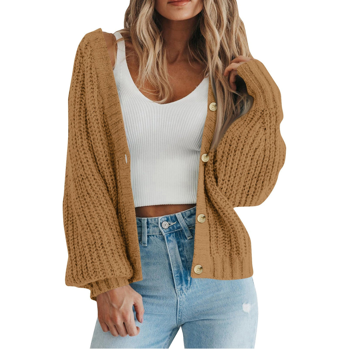 Women's Cozy Chunky Knit Cardigan with V Neck and Button Front