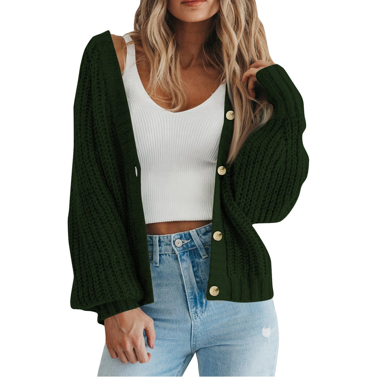 Women's Cozy Chunky Knit Cardigan with V Neck and Button Front
