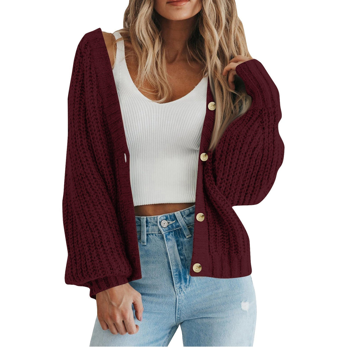 Women's Cozy Chunky Knit Cardigan with V Neck and Button Front