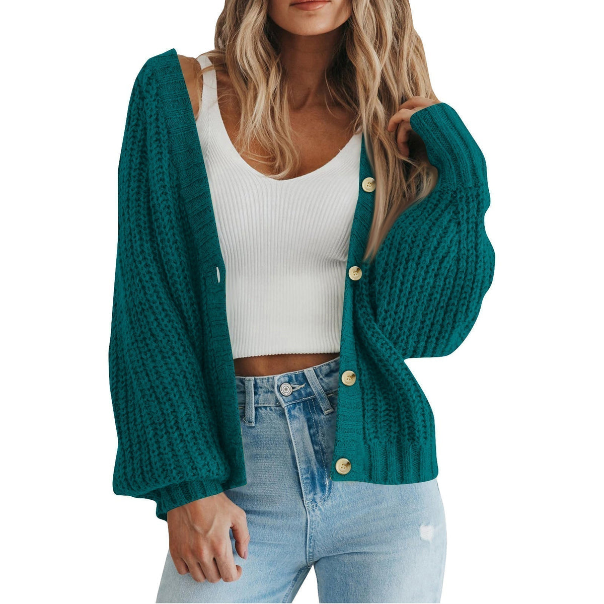 Women's Cozy Chunky Knit Cardigan with V Neck and Button Front
