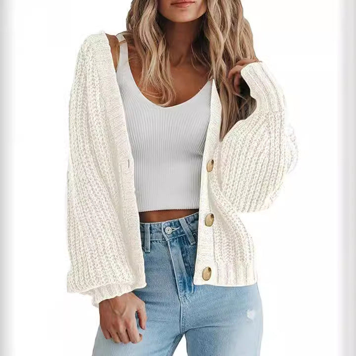 Women's Cozy Chunky Knit Cardigan with V Neck and Button Front