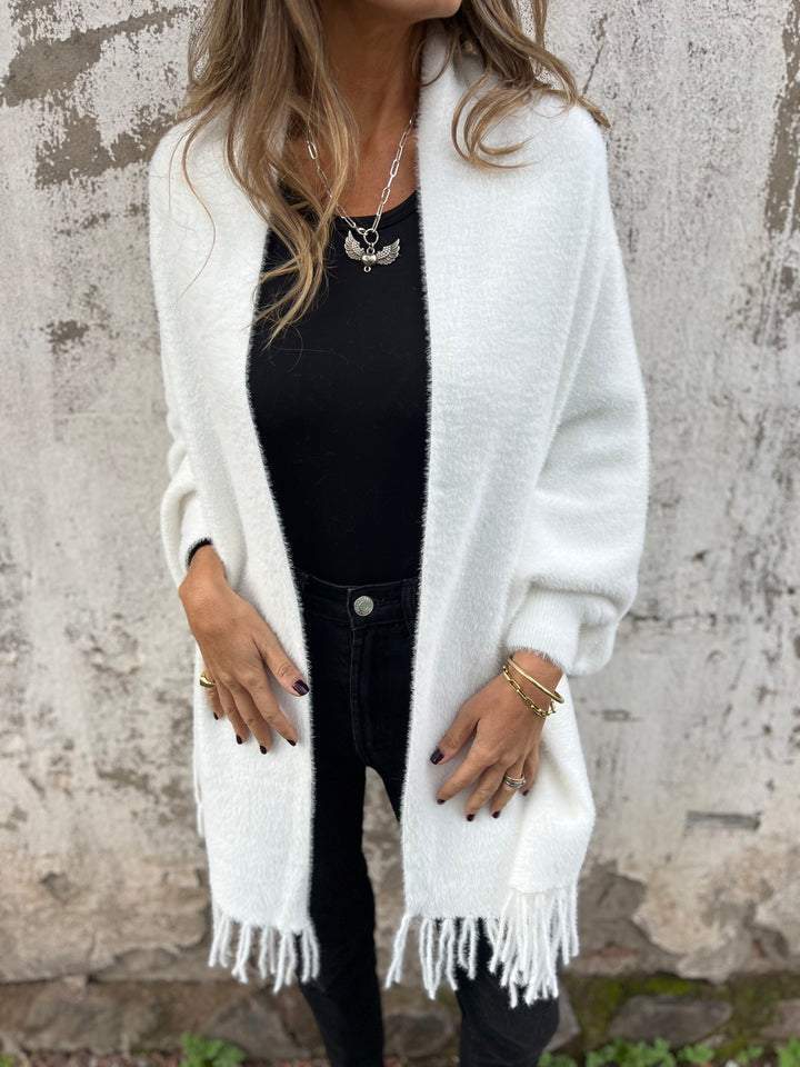 Women's Cozy Fuzzy Knit Cardigan with Fringe Hem