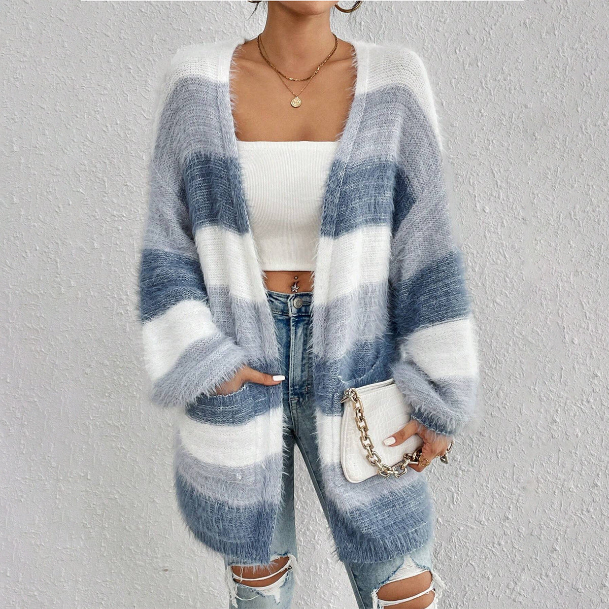 Women's Cozy Fuzzy Knit Striped Open Cardigan Oversized